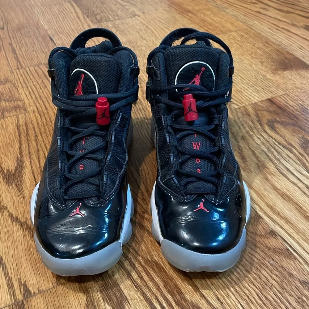 Jordan 6 Rings Black/Gym Red/White Sneakers. Size 3.5Y. Excellent Condition.
